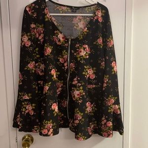 Black and pink bell sleeve peplum top